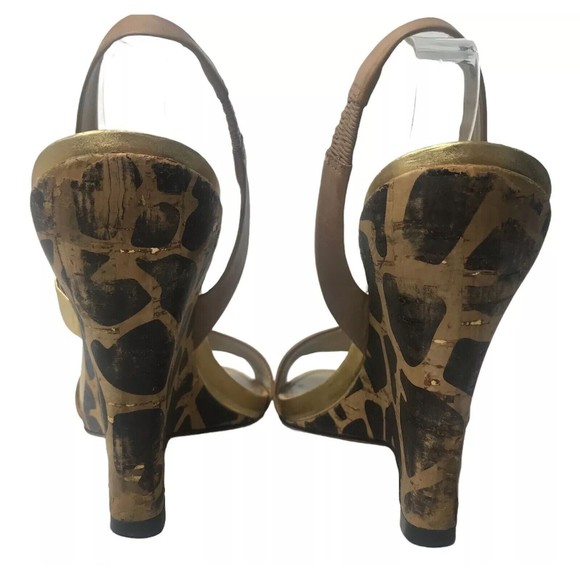 Via Spiga Camel and Gold Leather Slingback Cheetah Print Wedge Heels Size 9M - Picture 10 of 12